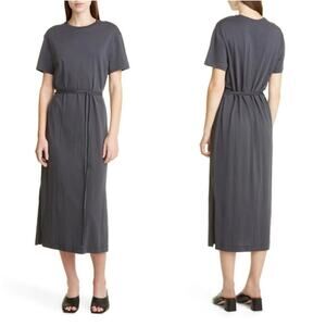 Vince Belted Pima Cotton Midi Gray Short Sleeve Dress Size: Extra Large XL
